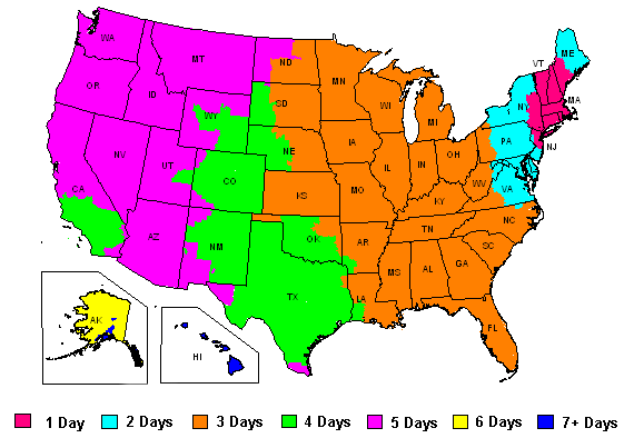 US Map of UPS Ground Shipping Days - Shipped from New Hampshire USA